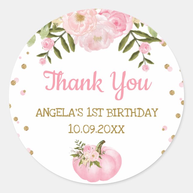 Girly Pumpkin First 1st Birthday Fall Baby Shower Classic Round Sticker (Front)