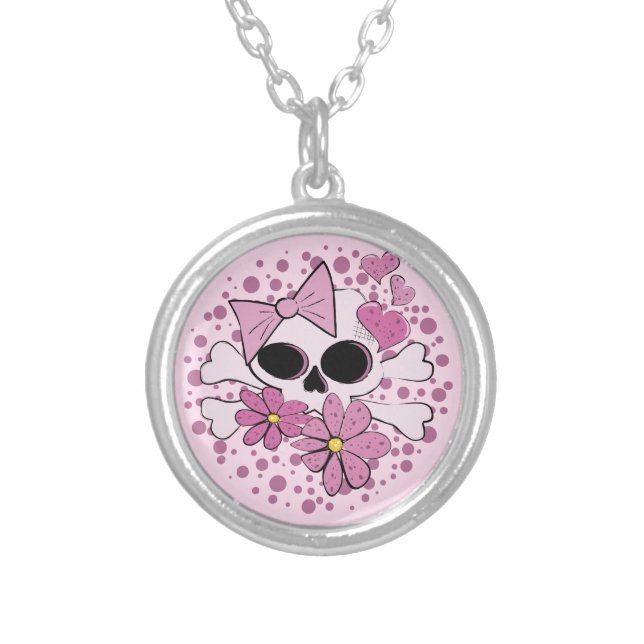 Girly Punk Skull Silver Plated Necklace (Front)