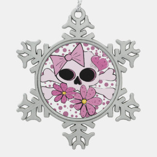 Girly Punk Skull Snowflake Pewter Christmas Ornament
