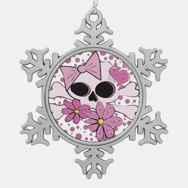 Girly Punk Skull Snowflake Pewter Christmas Ornament (Front)