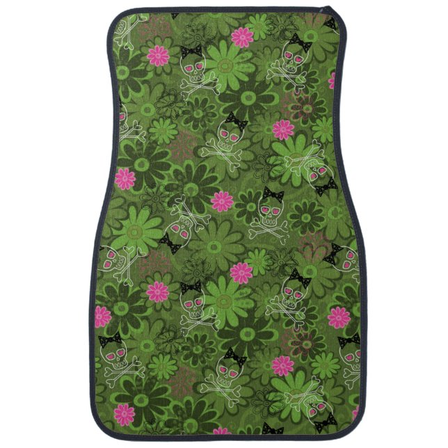 Girly Punk Skulls on Flower Camo background Car Floor Mat (Front)