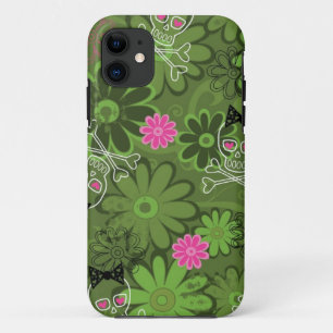Girly Punk Skulls on Flower Camo background iPhone 11 Case
