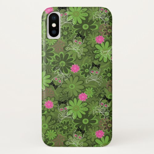 Girly Punk Skulls on Flower Camo background iPhone X Case