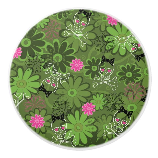 Girly Punk Skulls on Flower Camo background Ceramic Knob (Front)