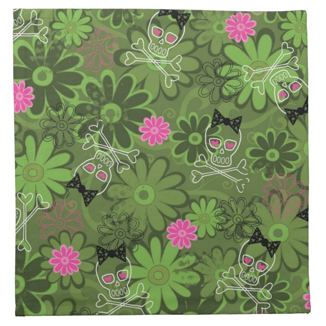 Girly Punk Skulls on Flower Camo background Cloth Napkin (Front)