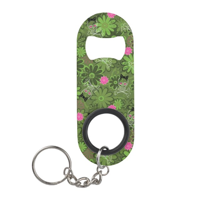 Girly Punk Skulls on Flower Camo background Keychain Bottle Opener (Front)