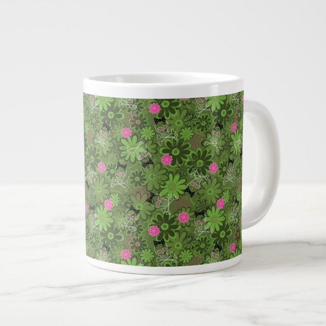 Girly Punk Skulls on Flower Camo background Large Coffee Mug (Front Right)