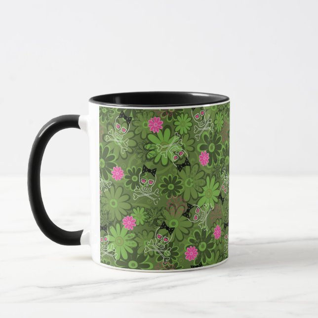 Girly Punk Skulls on Flower Camo background Mug (Left)
