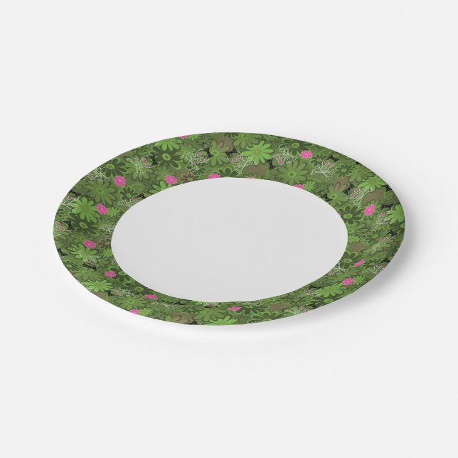 Girly Punk Skulls on Flower Camo background Paper Plates (Angled)