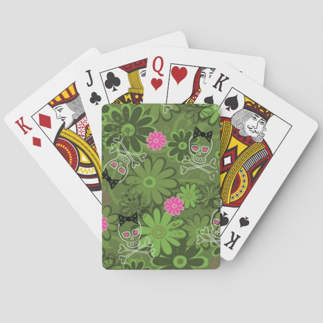 Girly Punk Skulls on Flower Camo background Poker Cards (Back)