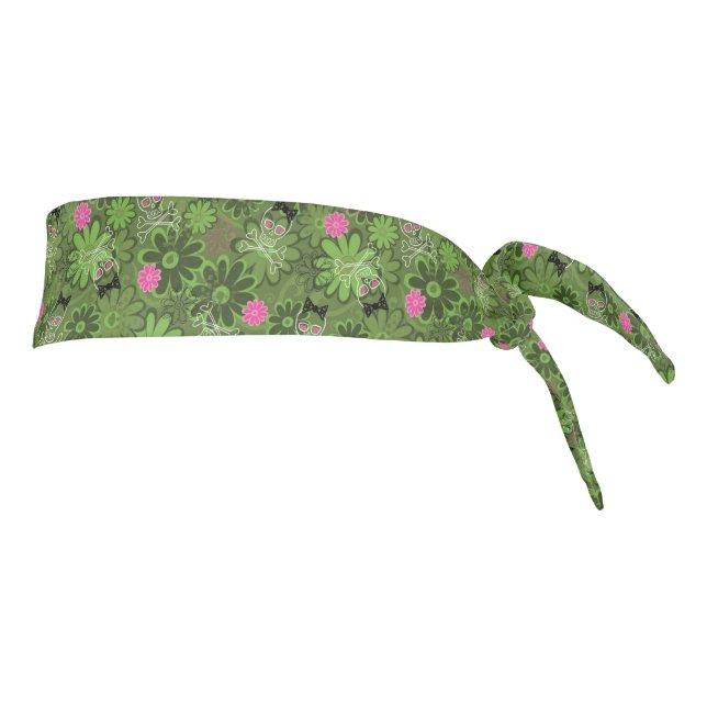 Girly Punk Skulls on Flower Camo background Tie Headband (Rotate 90)