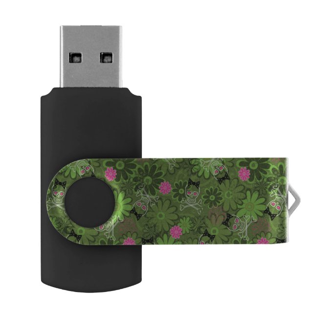 Girly Punk Skulls on Flower Camo background USB Flash Drive (Opened)