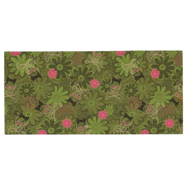 Girly Punk Skulls on Flower Camo background Wood USB Flash Drive (Front)
