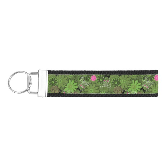 Girly Punk Skulls on Flower Camo background Wrist Keychain (Keys on Left)