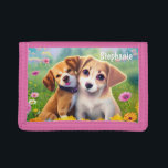 Girly Puppies Cute Personalized Name Trifold Wallet<br><div class="desc">AI generated image of two cute dogs,  who cuddle in the flower meadow,  which you can easily personalize with your own name.</div>