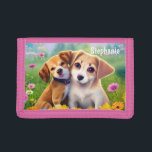 Girly Puppies Cute Personalized Name Trifold Wallet<br><div class="desc">AI generated image of two cute dogs,  who cuddle in the flower meadow,  which you can easily personalize with your own name.</div>
