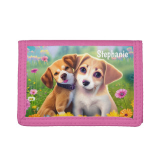 Girly Puppies Cute Personalized Name Trifold Wallet