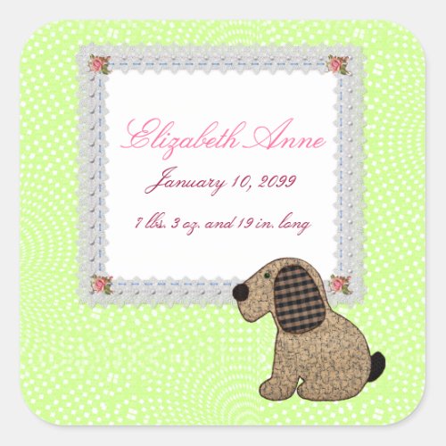 Girly Puppy Dog Baby Girl Birth Announcement Square Sticker