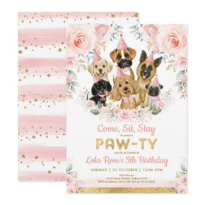 Girly Puppy Dog Birthday Party Blush Pink Flowers Invitation
