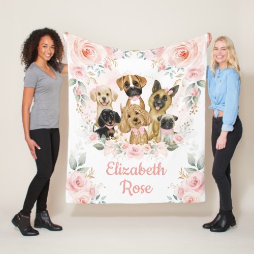 Girly Puppy Dogs Pink Gold Floral Girl Nursery Fleece Blanket