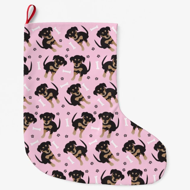 Girly Puppy Pattern Pink Large Christmas Stocking (Front)