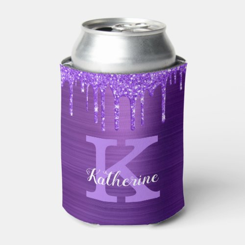 Girly Purple Amethyst Glitter Drips Monogram Name  Can Cooler