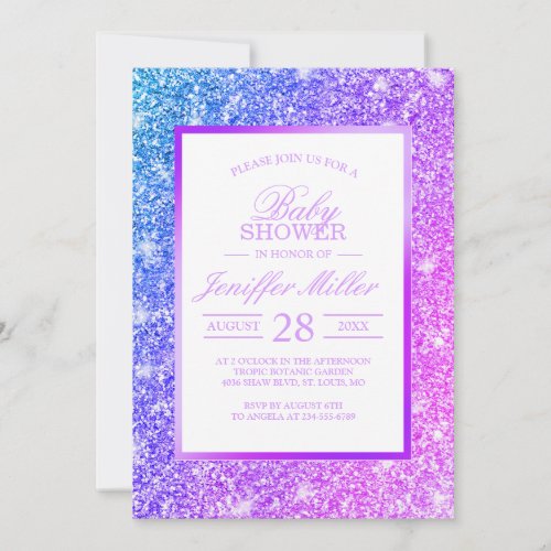 Girly Purple and Pink Glitter Baby Shower Invitation