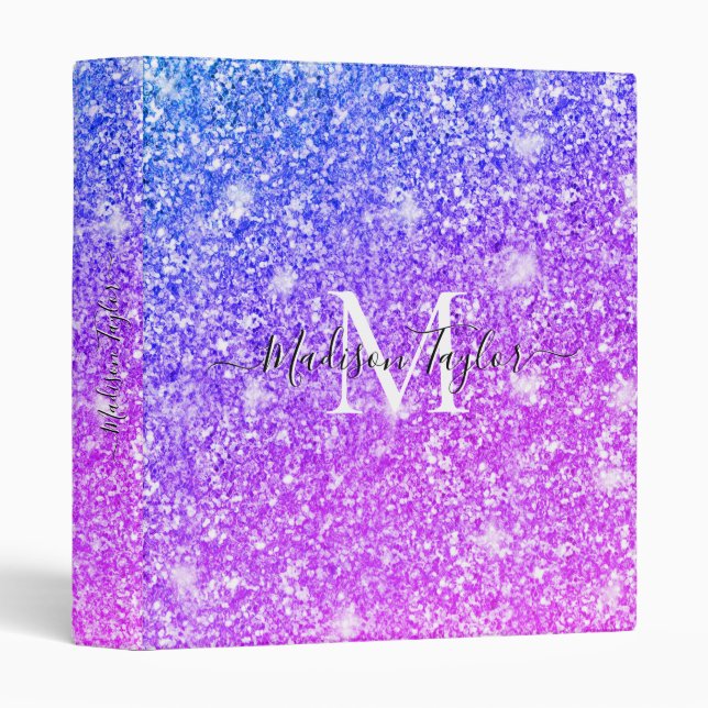Girly Purple and Pink Glitter Monogram Name    3 Ring Binder (Front/Spine)