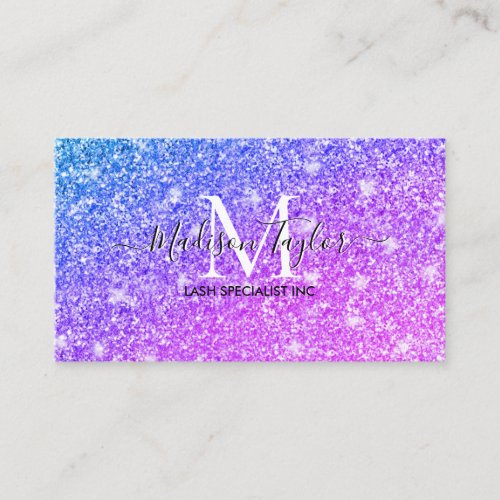 Girly Purple and Pink Glitter Monogram Name    Business Card