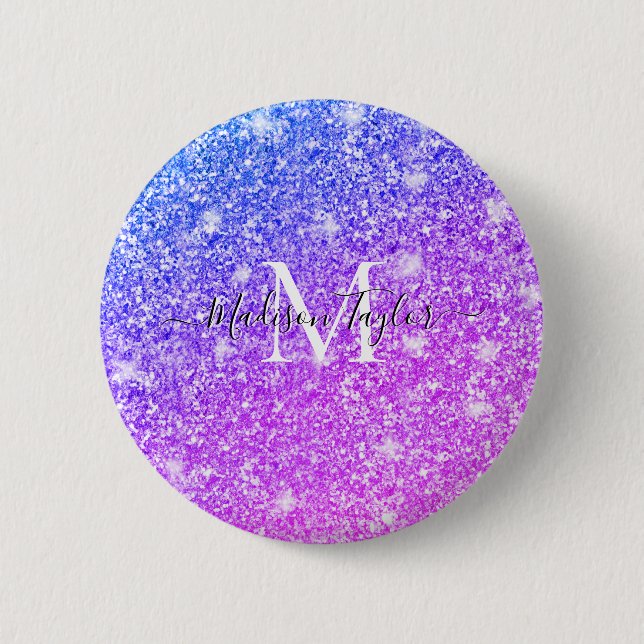 Girly Purple and Pink Glitter Monogram Name    Button (Front)