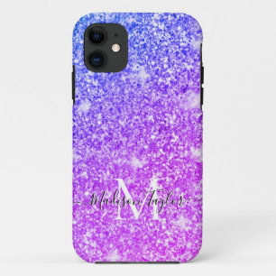 Girly Purple and Pink Glitter Monogram Name iPhone 11 Case