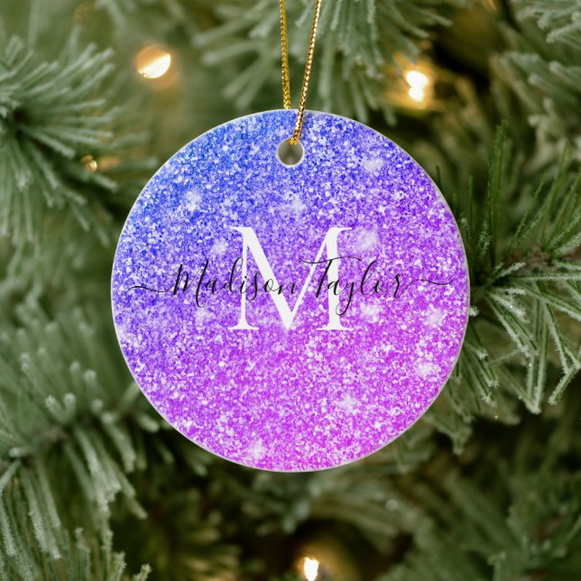 Girly Purple and Pink Glitter Monogram Name        Ceramic Ornament (Tree)