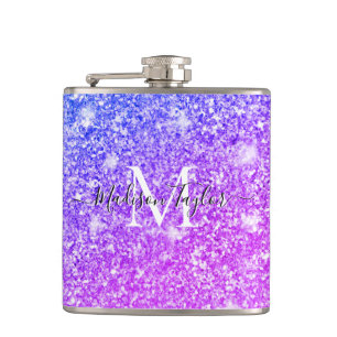 Girly Purple and Pink Glitter Monogram Name    Flask