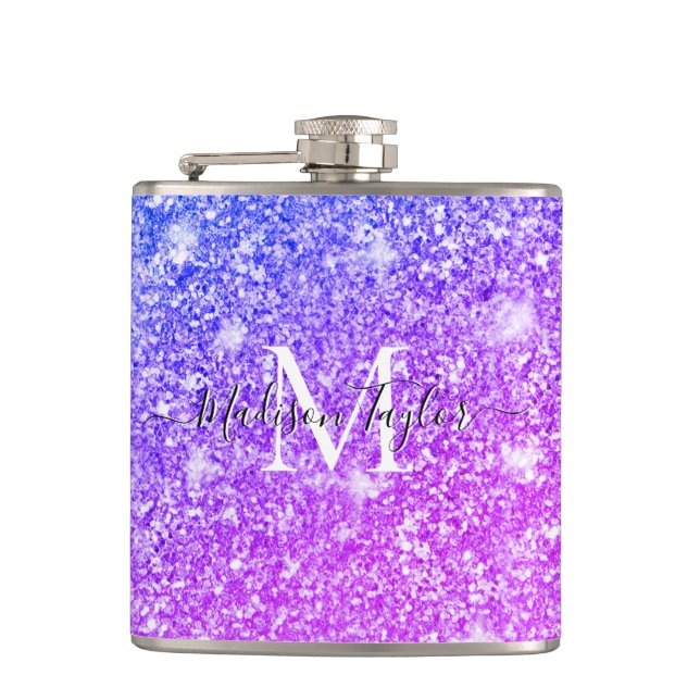 Girly Purple and Pink Glitter Monogram Name    Flask (Front)