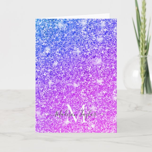 Girly Purple and Pink Glitter Monogram Name    Holiday Card (Front)