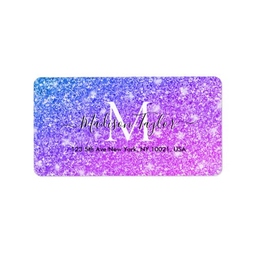 Girly Purple and Pink Glitter Monogram Name    Label