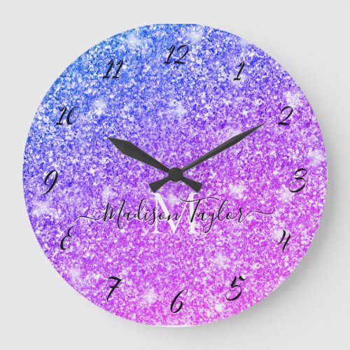Girly Purple and Pink Glitter Monogram Name        Large Clock