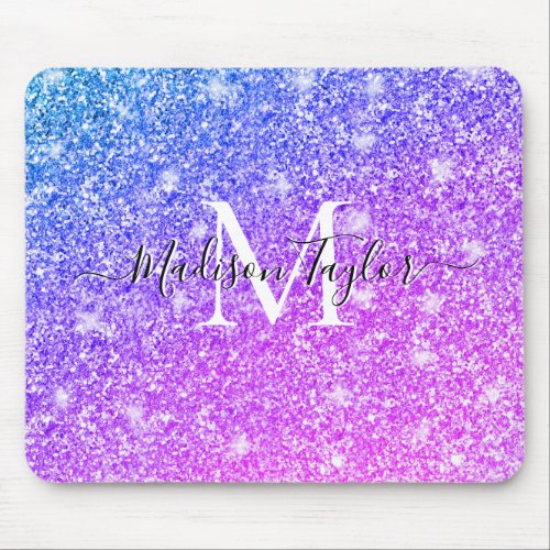 Girly Purple and Pink Glitter Monogram Name    Mouse Pad
