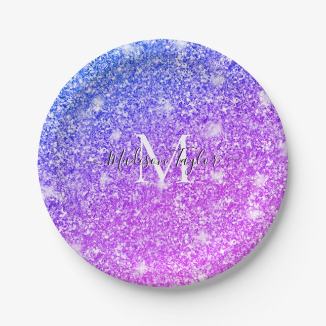Girly Purple and Pink Glitter Monogram Name    Paper Plates (Front)