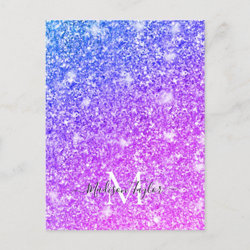 Girly Purple and Pink Glitter Monogram Name    Postcard