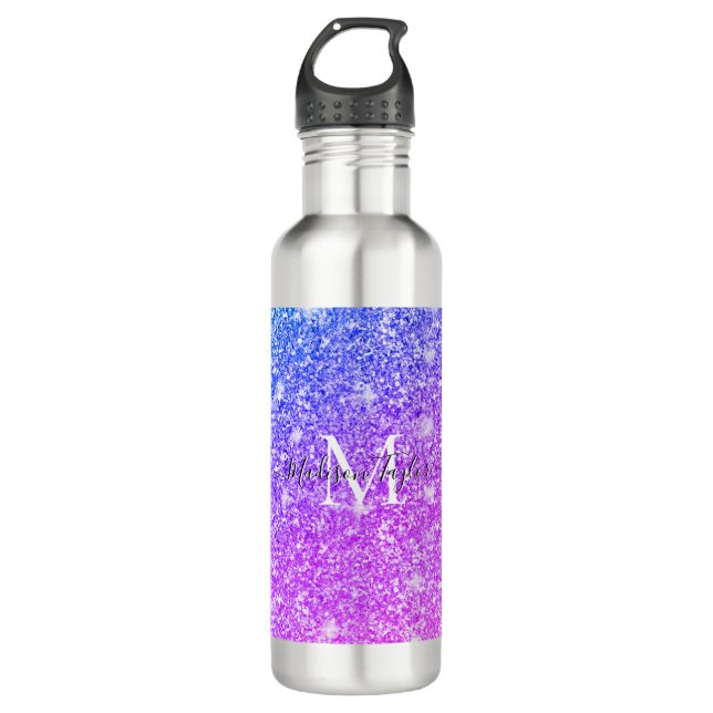 Girly Purple and Pink Glitter Monogram Name    Stainless Steel Water Bottle (Front)