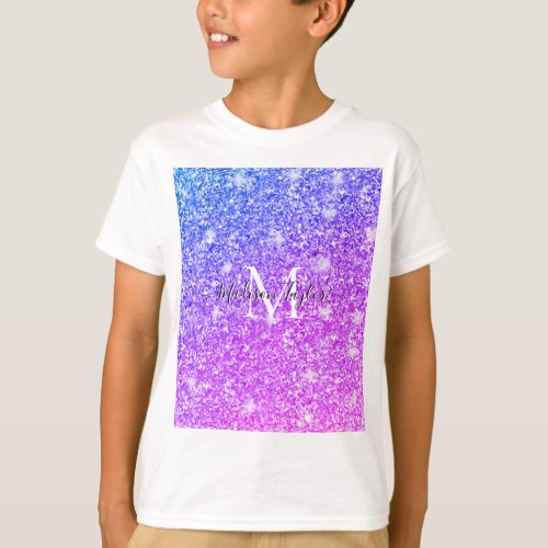 Girly Purple and Pink Glitter Monogram Name        T_Shirt