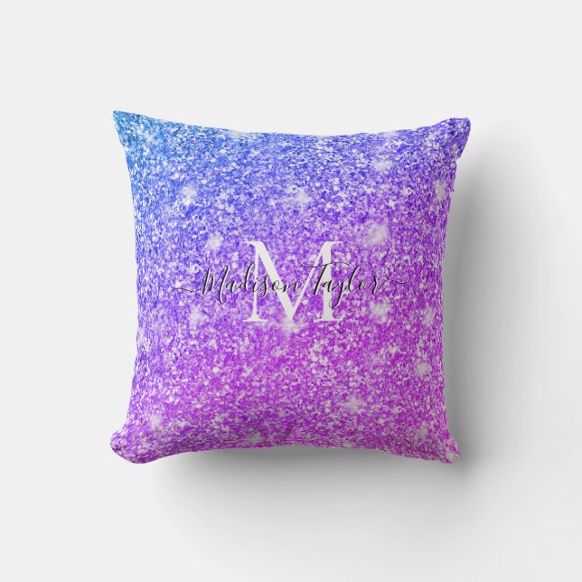 Girly Purple and Pink Glitter Monogram Name    Throw Pillow (Front)