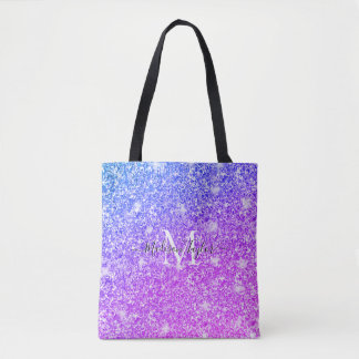 Girly Purple and Pink Glitter Monogram Name Tote Bag