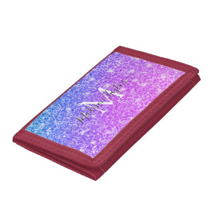 Girly Purple and Pink Glitter Monogram Name Tri-fold Wallet