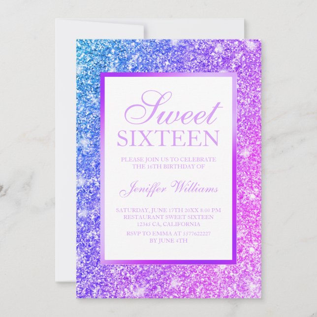 Girly Purple and Pink Glitter Sweet 16 Invitation (Front)