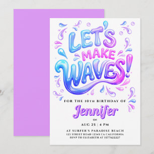 Girly Purple And Pink Surfer Waves Splish Splash Invitation