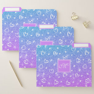 Girly Purple Aqua Glitter Hearts Monogrammed File Folder