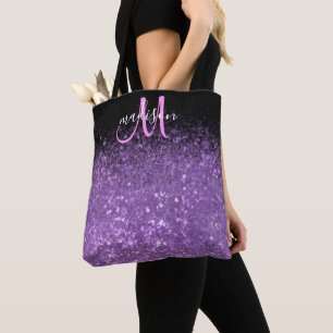 Girly Purple & Black Glitter Sparkle Monogram Tote Bag