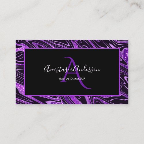 Girly Purple Black Marble Glitter Elegant Monogram Business Card